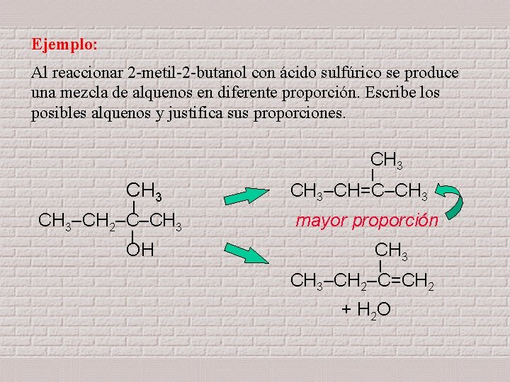 Ejemplo: Al reaccionar 2 -metil-2 -butanol con ácido sulfúrico se produce una mezcla de