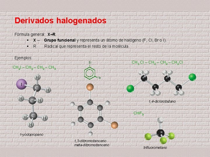 Derivados halogenados Fórmula general: X–R § X – Grupo funcional y representa un átomo