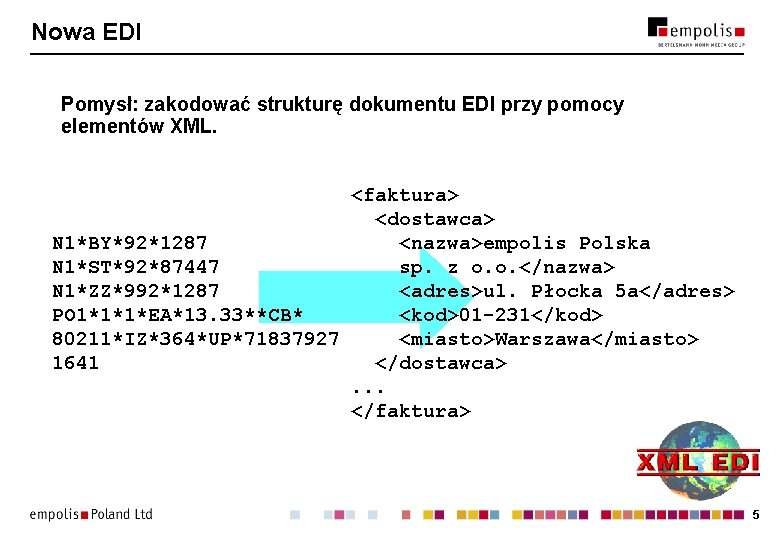 Nowa EDI Pomysł: zakodować strukturę dokumentu EDI przy pomocy elementów XML. <faktura> <dostawca> <nazwa>empolis