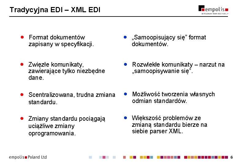 Tradycyjna EDI – XML EDI · Format dokumentów zapisany w specyfikacji. · „Samoopisujący się”