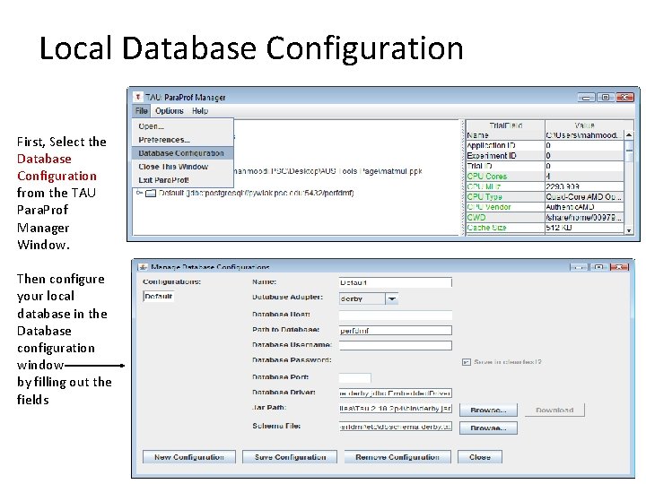 Local Database Configuration First, Select the Database Configuration from the TAU Para. Prof Manager