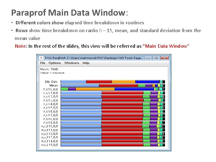 Paraprof Main Data Window: • Different colors show elapsed time breakdown in routines •