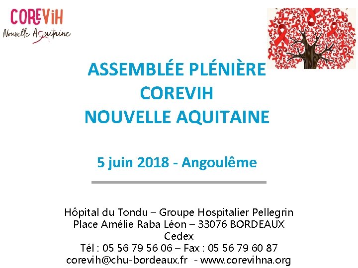 ASSEMBLÉE PLÉNIÈRE COREVIH NOUVELLE AQUITAINE 5 juin 2018 - Angoulême Hôpital du Tondu –