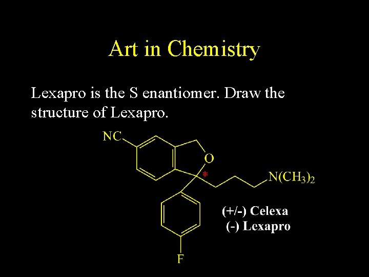 Art in Chemistry Lexapro is the S enantiomer. Draw the structure of Lexapro. Art in Chemistry Lexapro is the S enantiomer. Draw the structure of Lexapro.