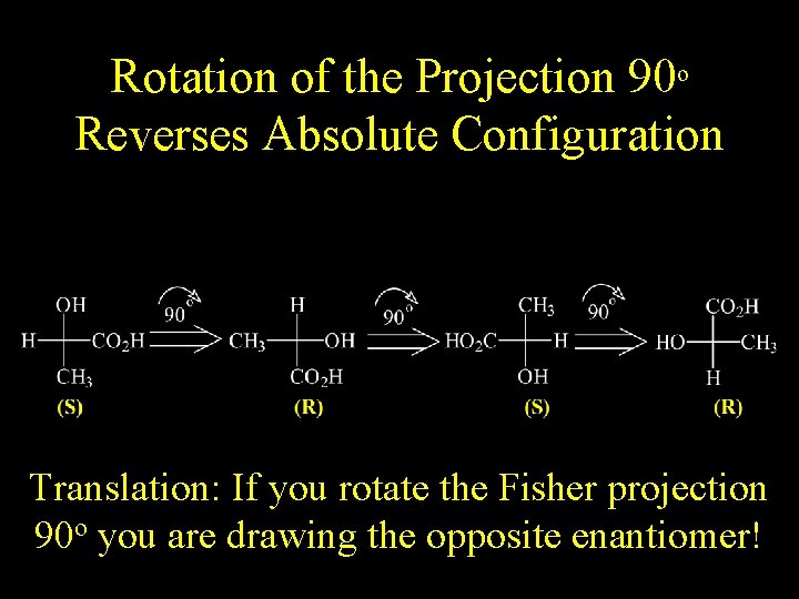 Rotation of the Projection 90 o Reverses Absolute Configuration Translation: If you rotate the Rotation of the Projection 90 o Reverses Absolute Configuration Translation: If you rotate the