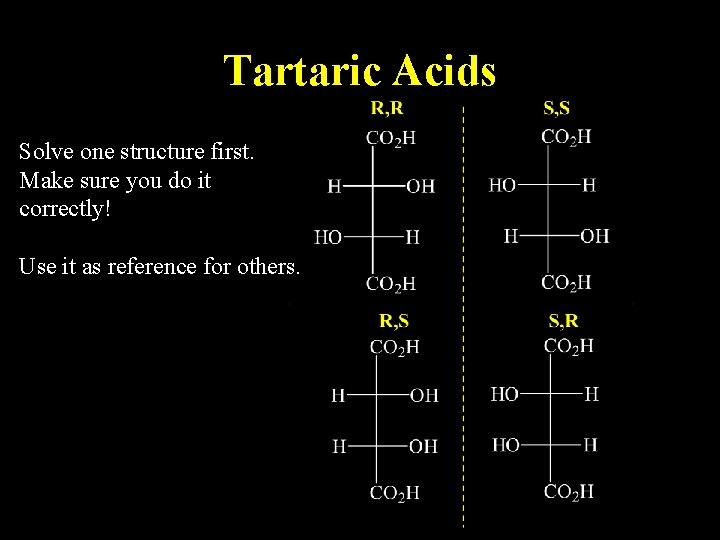 Tartaric Acids Solve one structure first. Make sure you do it correctly! Use it Tartaric Acids Solve one structure first. Make sure you do it correctly! Use it