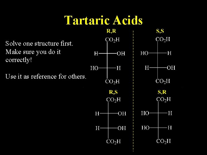 Tartaric Acids Solve one structure first. Make sure you do it correctly! Use it