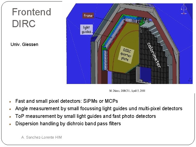 Frontend DIRC Univ. Giessen Fast and small pixel detectors: Si. PMs or MCPs Angle