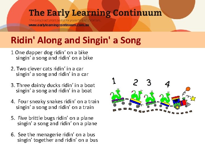 www. earlylearningcontinuum. com. au Ridin' Along and Singin' a Song 1 One dapper dog