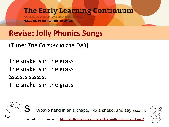 www. earlylearningcontinuum. com. au Revise: Jolly Phonics Songs (Tune: The Farmer in the Dell)