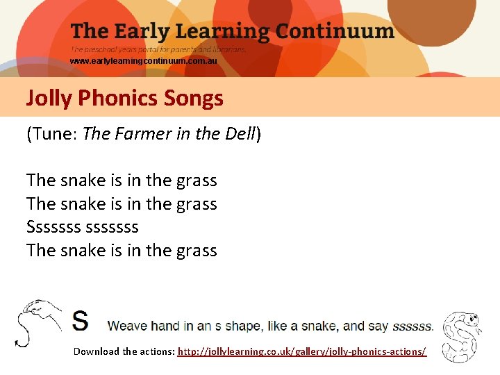 www. earlylearningcontinuum. com. au Jolly Phonics Songs (Tune: The Farmer in the Dell) The