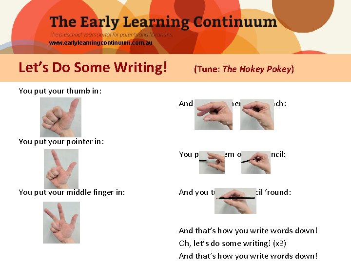 www. earlylearningcontinuum. com. au Let’s Do Some Writing! (Tune: The Hokey Pokey) You put