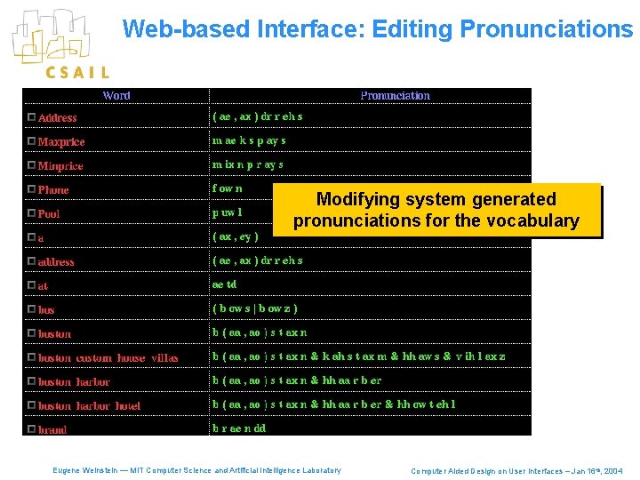 Web-based Interface: Editing Pronunciations Modifying system generated pronunciations for the vocabulary Eugene Weinstein —