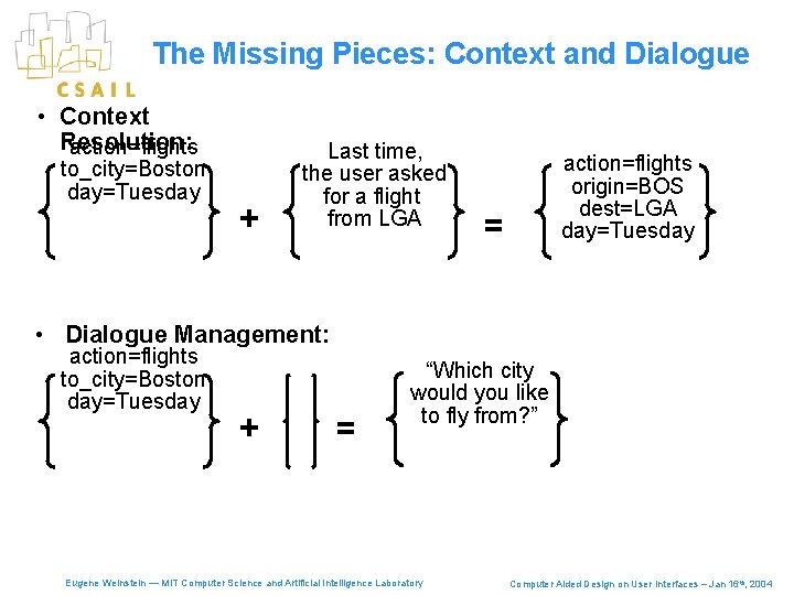 The Missing Pieces: Context and Dialogue • Context Resolution: action=flights to_city=Boston day=Tuesday + Last