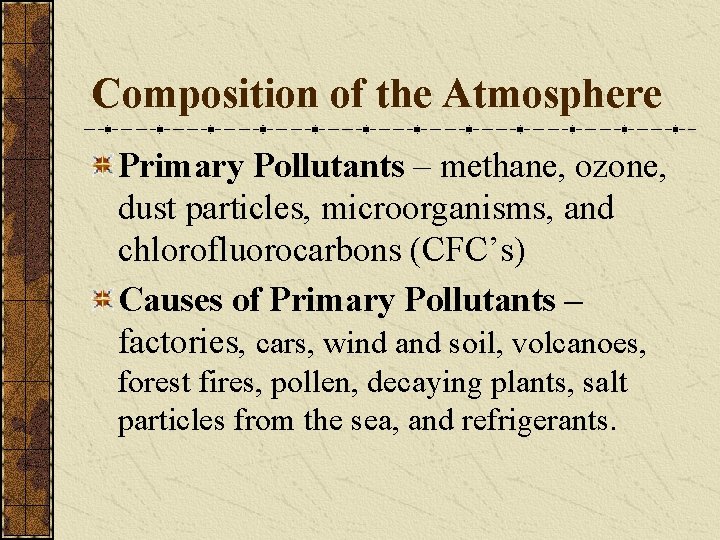 Composition of the Atmosphere Primary Pollutants – methane, ozone, dust particles, microorganisms, and chlorofluorocarbons Composition of the Atmosphere Primary Pollutants – methane, ozone, dust particles, microorganisms, and chlorofluorocarbons