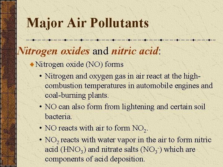 Major Air Pollutants Nitrogen oxides and nitric acid: Nitrogen oxide (NO) forms • Nitrogen Major Air Pollutants Nitrogen oxides and nitric acid: Nitrogen oxide (NO) forms • Nitrogen