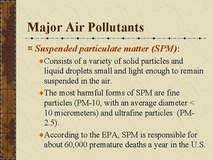 Major Air Pollutants Suspended particulate matter (SPM): Consists of a variety of solid particles
