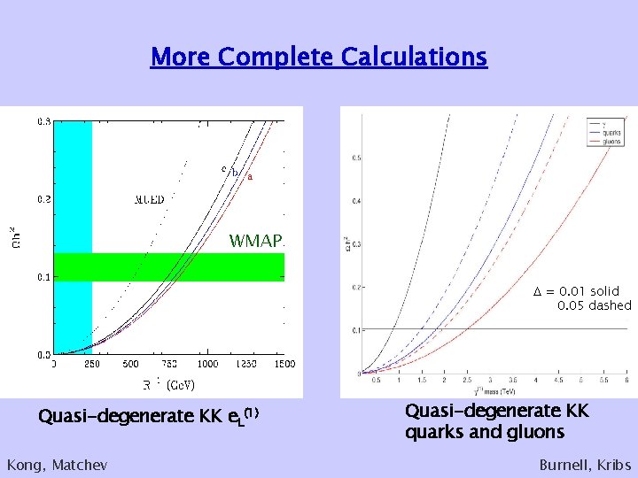 More Complete Calculations WMAP = 0. 01 solid 0. 05 dashed Quasi-degenerate KK e. More Complete Calculations WMAP = 0. 01 solid 0. 05 dashed Quasi-degenerate KK e.