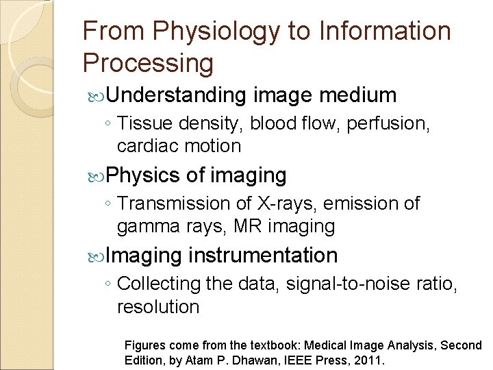 From Physiology to Information Processing Understanding image medium ◦ Tissue density, blood flow, perfusion,