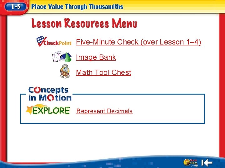 Five-Minute Check (over Lesson 1– 4) Image Bank Math Tool Chest Represent Decimals 