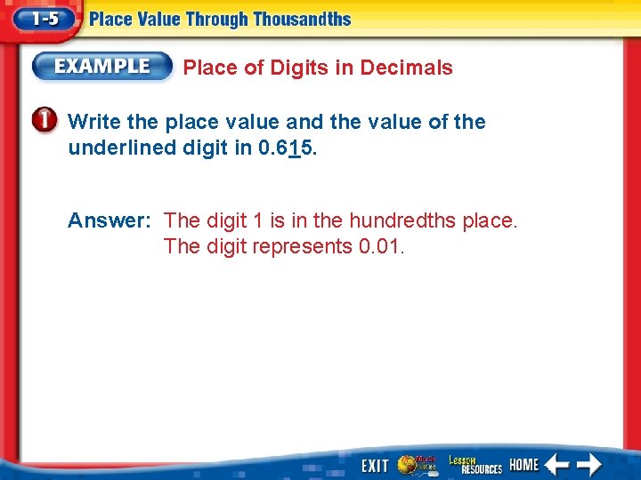 Place of Digits in Decimals Write the place value and the value of the