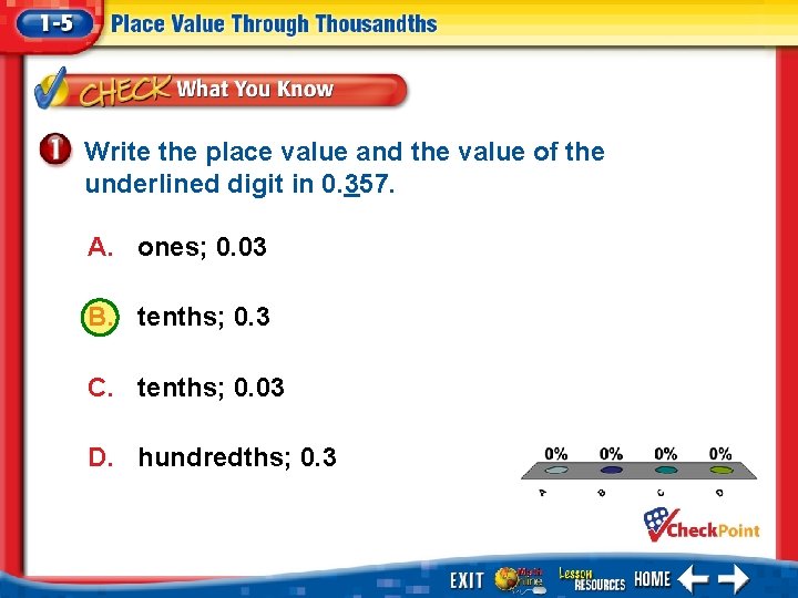 Write the place value and the value of the underlined digit in 0. 357.