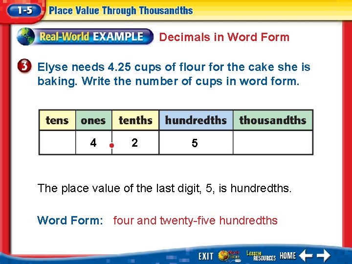 Decimals in Word Form Elyse needs 4. 25 cups of flour for the cake