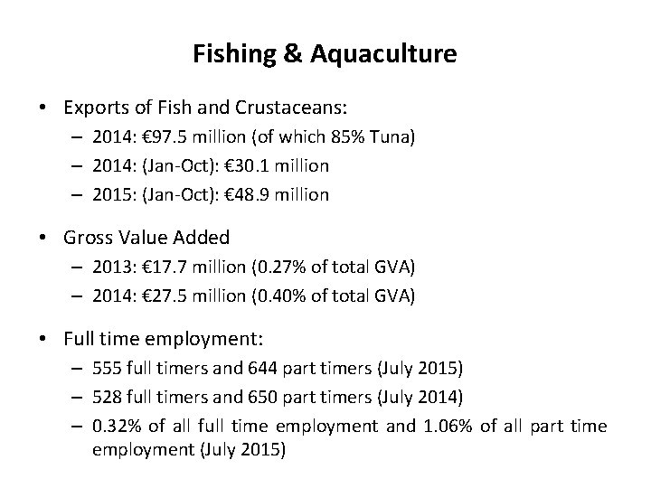 Fishing & Aquaculture • Exports of Fish and Crustaceans: – 2014: € 97. 5