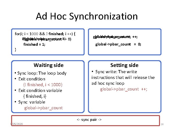 Ad Hoc Synchronization for(i; i < 1000 && ! finished; i ++) { if(global->pbar_count