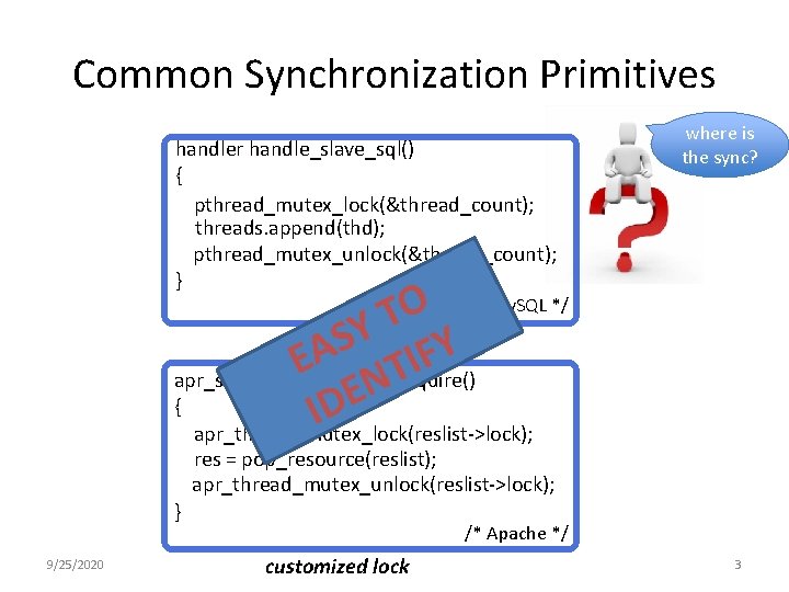 Common Synchronization Primitives handler handle_slave_sql() { pthread_mutex_lock(&thread_count); threads. append(thd); pthread_mutex_unlock(&thread_count); } where is the