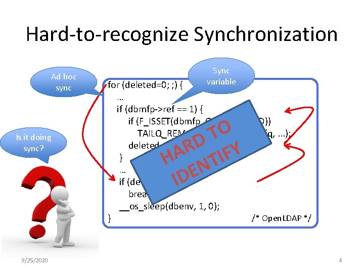 Hard-to-recognize Synchronization Ad hoc sync Is it doing sync? 9/25/2020 Sync variable for (deleted=0;