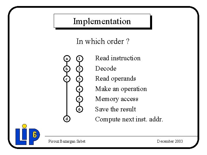 Implementation In which order ? a 1 b 2 c 3 4 5 6