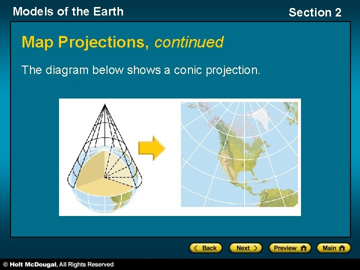 Models of the Earth Map Projections, continued The diagram below shows a conic projection. Models of the Earth Map Projections, continued The diagram below shows a conic projection.