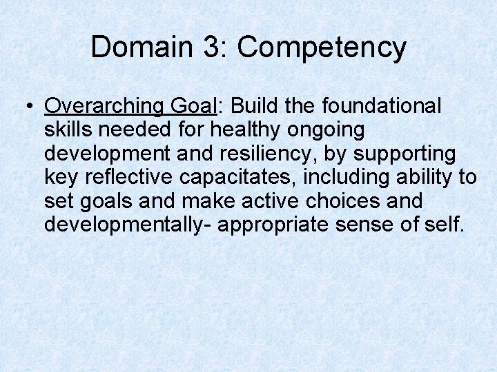 Domain 3: Competency • Overarching Goal: Build the foundational skills needed for healthy ongoing