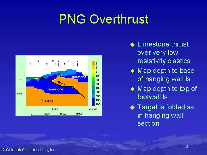 PNG Overthrust u u © Chinook Geoconsulting, Inc Limestone thrust over very low resistivity PNG Overthrust u u © Chinook Geoconsulting, Inc Limestone thrust over very low resistivity