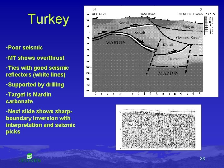 Turkey • Poor seismic • MT shows overthrust • Ties with good seismic reflectors Turkey • Poor seismic • MT shows overthrust • Ties with good seismic reflectors
