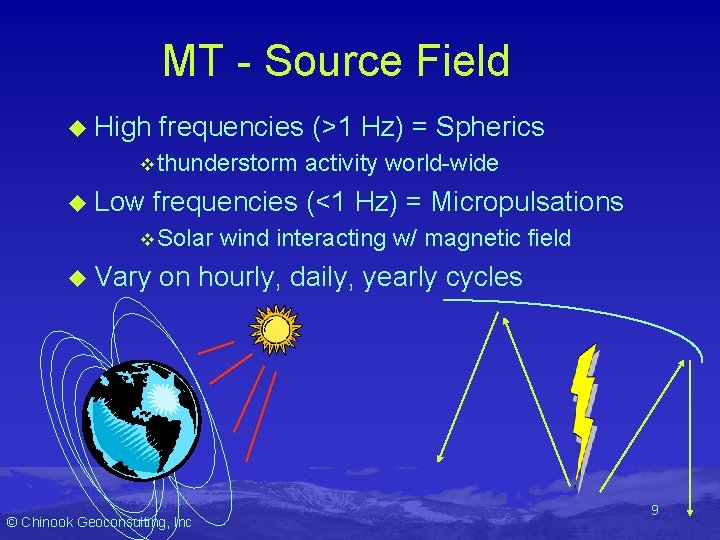 MT - Source Field u High frequencies (>1 Hz) = Spherics v thunderstorm u MT - Source Field u High frequencies (>1 Hz) = Spherics v thunderstorm u