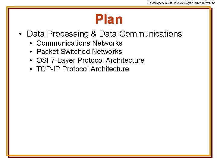 S. Mandayam/ ECOMMS/ECE Dept. /Rowan University Plan • Data Processing & Data Communications •