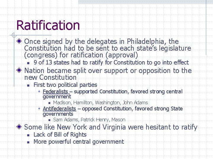 Ratification Once signed by the delegates in Philadelphia, the Constitution had to be sent