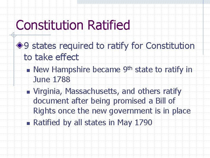 Constitution Ratified 9 states required to ratify for Constitution to take effect n n