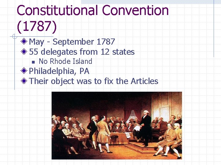 Constitutional Convention (1787) May - September 1787 55 delegates from 12 states n No