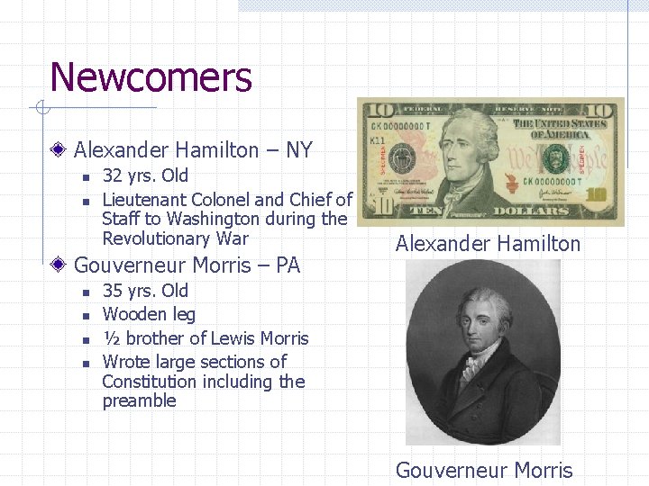 Newcomers Alexander Hamilton – NY n n 32 yrs. Old Lieutenant Colonel and Chief