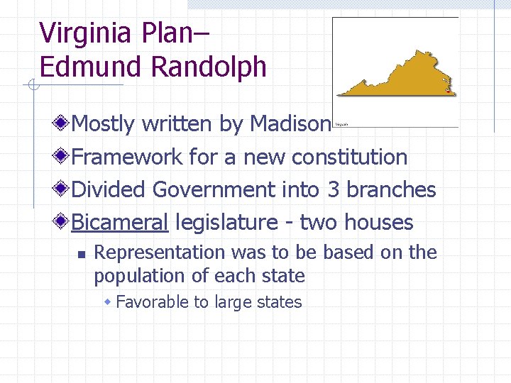 Virginia Plan– Edmund Randolph Mostly written by Madison Framework for a new constitution Divided
