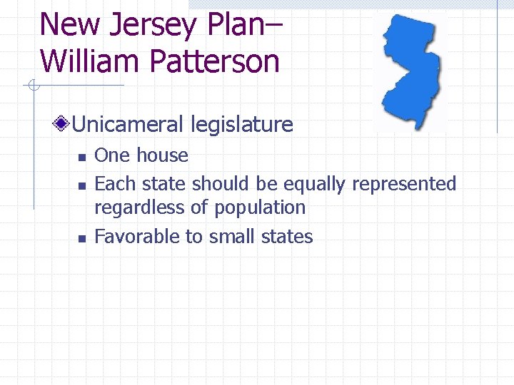 New Jersey Plan– William Patterson Unicameral legislature n n n One house Each state