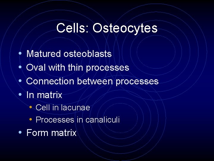 Cells: Osteocytes • • Matured osteoblasts Oval with thin processes Connection between processes In