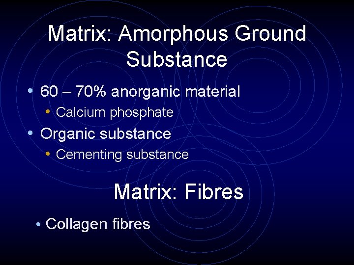 Matrix: Amorphous Ground Substance • 60 – 70% anorganic material • Calcium phosphate •