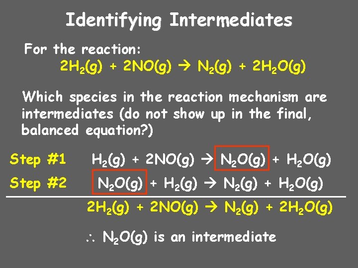 Identifying Intermediates For the reaction: 2 H 2(g) + 2 NO(g) N 2(g) +