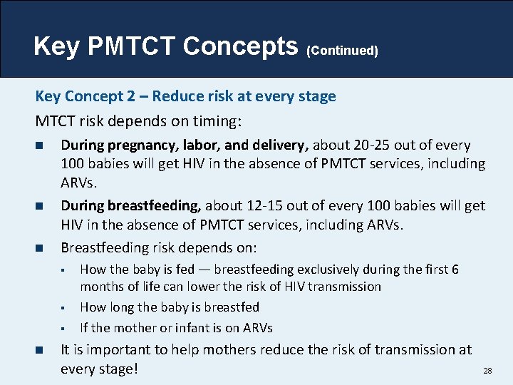 Key PMTCT Concepts (Continued) Key Concept 2 – Reduce risk at every stage MTCT