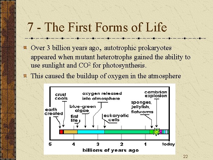 7 - The First Forms of Life Over 3 billion years ago, autotrophic prokaryotes