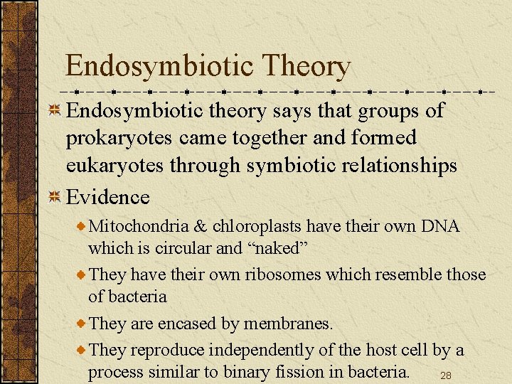 Endosymbiotic Theory Endosymbiotic theory says that groups of prokaryotes came together and formed eukaryotes